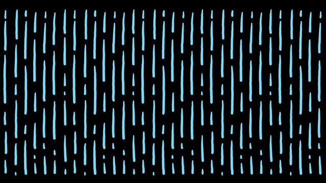 Horizontal 4K animated video with alpha channel. Handdrawn doodle blue raindrops falling down. Frame is looped animation. Endless line art downpour on transparent background. Infinity. Loop background