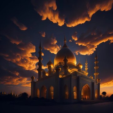 Illustration of a mosque at sunset with clouds in the sky, creating a mesmerizing and otherworldly scene. AI Generated