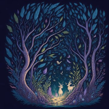 Magic forest with deer, trees, and plants. Hand-drawn vector illustration. Illustration of magical painted forest with mystical deer. AI Generated