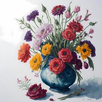 Illustration of a bouquet with colorful flowers in a blue vase on white background. Arrangement of colorful flowers in a vintage vase. AI Generated