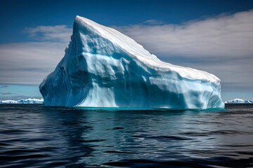 Iceberg floating in the water against a blue sky.