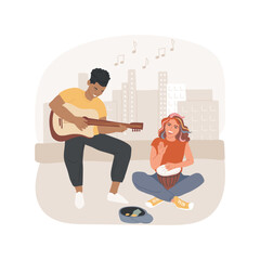 Street music performance isolated cartoon vector illustration. Teenage couple making music on the street, boy and girl singing and playing acoustic guitar, performing art vector cartoon.