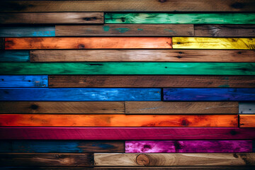 Vibrant mural of rainbow wood planks with visible wood grain, background image, wallpaper.