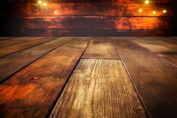 Obraz premium rustic wooden table with warm glowing lights in the background. Generative AI