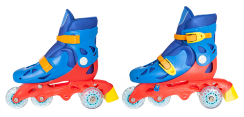 A pair of blue/red/yellow adjustable roller skates with 4 wheels and a stopper for kids' outdoor/indoor sports activity on a transparent background png