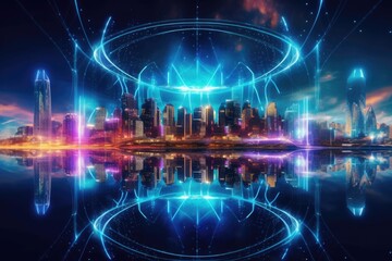 Futuristic Cityscape with Bright Lights Reflected in Water. Generative AI