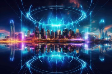 Obraz premium Futuristic Cityscape with Bright Lights Reflected in Water. Generative AI
