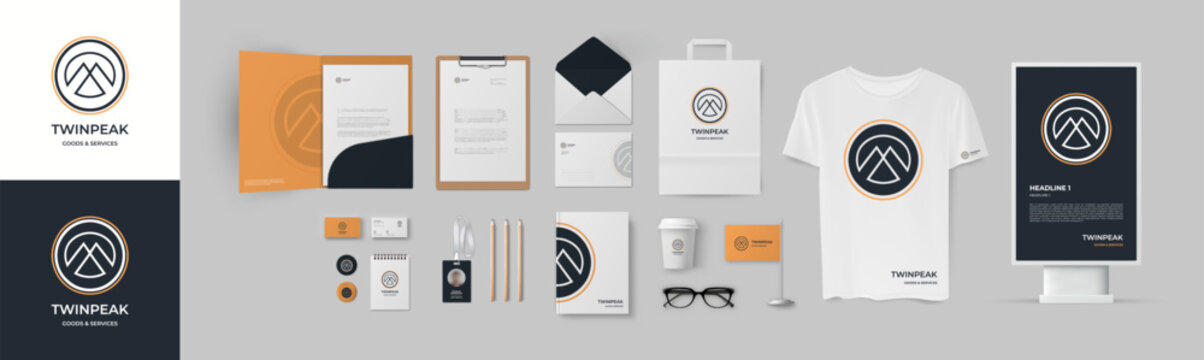 Brand image trademark with mountain in circle logo on orange background. Vector set of templates include folder, business card, envelope, A4 form, t-shirt, street lightbox, notepad, paperbag and book.
