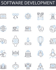Software development line icons collection. Website design, Social media, Financial planning, Game development, Graphic design, Digital marketing, Business management vector and linear Generative AI