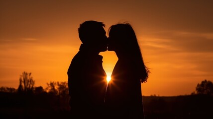 Silhouette of a young couple of lovers, kissing eachother at the sunset. Generative AI illustration.