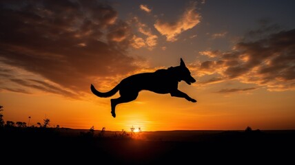 Silhouette of a majestic dog jumping at the sunset. Generative AI illustration.