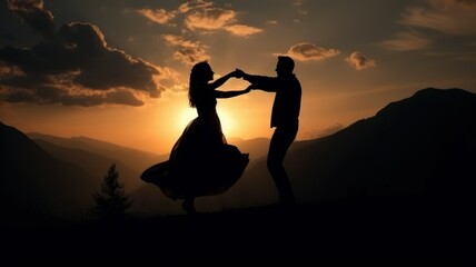 Silhouette of two young lovers dancing at the sunset. Generative AI illustration.