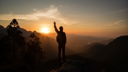 Silhouette of a person waving hand at the sunset in the mountains. Generative AI illustration.