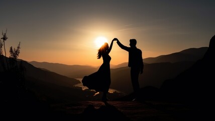 Silhouettes of a couple dancing at the sunset on a beautiful scenery. Generative AI illustration.