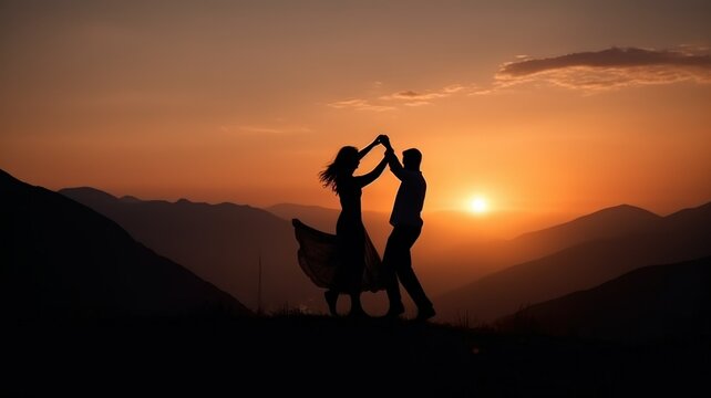 Silhouette of a young couple of lovers dancing elegantly at the sunset. Generative AI illustration.