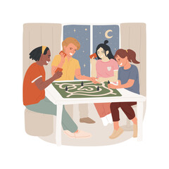 Board game night isolated cartoon vector illustration. Teens sitting around table, playing board game, night celebration at home, people communication, guys smiling and talking vector cartoon.