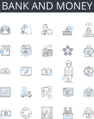 Bank and money line icons collection. Financial institution, Cash, Finance, Wealth, Capital, Investment, Fund vector and linear illustration. Currency,Savings,Deposit outline signs set Generative AI