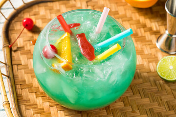 Boozy Cold Blue Tiki Fishbowl Cocktail