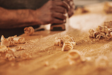 Wood shavings and curls in the foreground in focus.