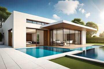 Fototapeta na wymiar A Modern Oasis: Villa with a Stunning Pool and Breathtaking Scenery