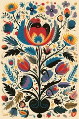 Colorful, folk, flowers pattern illustration made with Generative AI 