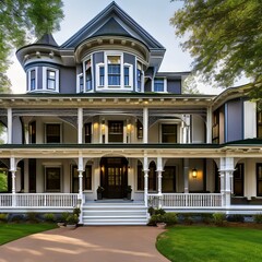 Fototapeta premium 20 A Victorian-style mansion with decorative trim, turrets, and a wrap-around porch3, Generative AI
