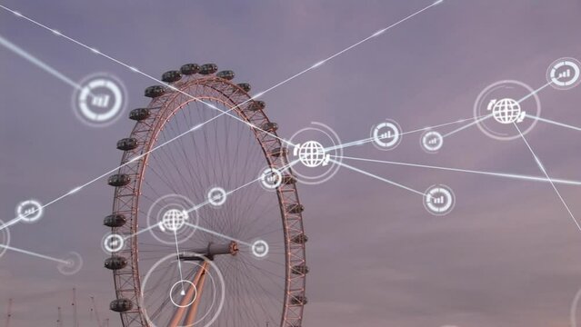 Animation of network of connections with icons over london cityscape