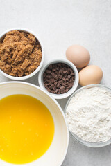 Mise en place of ingredients for making blondies, the process of making blondies or cake