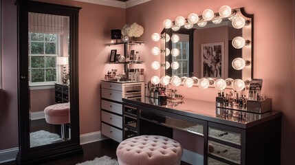 Chic dressing room with vanity mirror. AI generated - Powered by Adobe
