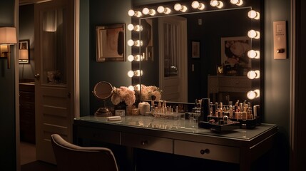 Chic dressing room with vanity mirror. AI generated