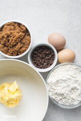 Mise en place of ingredients for making blondies, the process of making blondies or cake