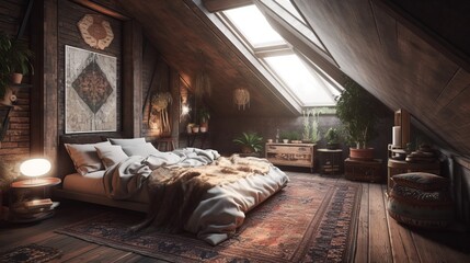 Cozy bedroom in the attic in boho style. AI generated