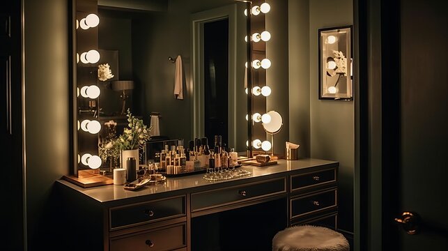 Chic dressing room with vanity mirror. AI generated