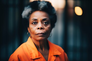 African American woman portrait in orange prison suit. Generative AI - obrazy, fototapety, plakaty
