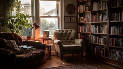 Fototapeta na wymiar Cozy reading nook with comfortable armchair. AI generated