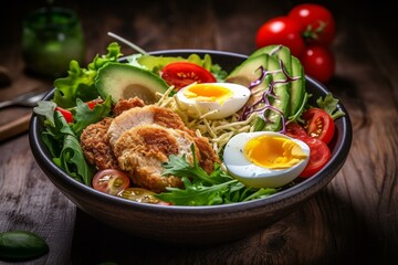 A savory salad with fried chicken, avocado, boiled eggs, mini tomatoes, and fresh greens on a wooden background. Generative AI