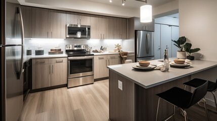 Sleek and modern kitchen with big kitchen island. AI generated