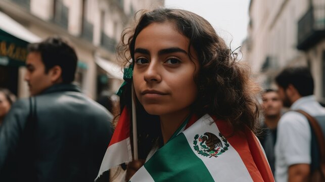 mexican woman at independence day in Mexico holding a flag of mexico, generative AI