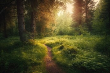 serene forest path surrounded by lush greenery. Generative AI
