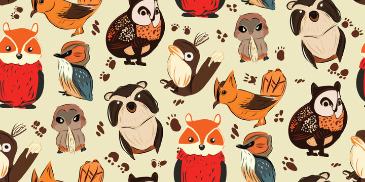 Vector illustration of cute woodland forest animals including a bear, deer, fox, raccoon, hedgehog, squirrel, and rabbit seamless pattern Half drop brick method