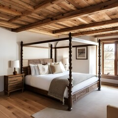 8 A rustic bedroom with exposed beams, a four-poster bed, and warm, natural materials1, Generative AI