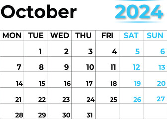 October 2024 calendar  with clean look