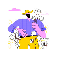 Growing cotton isolated cartoon vector illustrations. Smiling farmer growing cotton on field, planting seeds, agriculture industry, agribusiness worker, production sector vector cartoon.