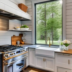 10 A modern farmhouse-style kitchen with shiplap walls, a farmhouse sink, and open shelves2, Generative AI