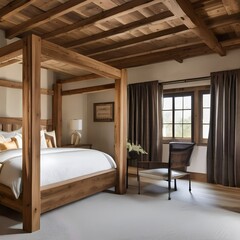 8 A rustic bedroom with exposed beams, a four-poster bed, and warm, natural materials3, Generative AI