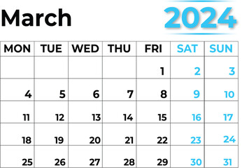 March 2024 calendar  with clean look
