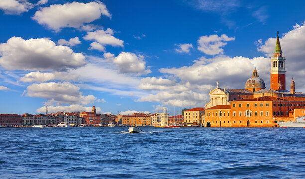 Venice, Italy. Panoramic view at island and Basilica di San Giorgio Maggiore in Venezia. Scenic of sunny day venice city