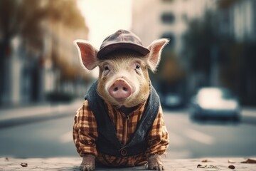 Anthropomorphic hipster pig on a blurred background of an urban environment. AI generated, human enhanced