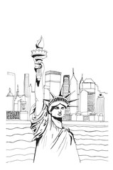 Ilustración lineal New York, estatua de la libertad con espacio para escribir una frase
