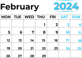 February 2024 calendar  with clean look